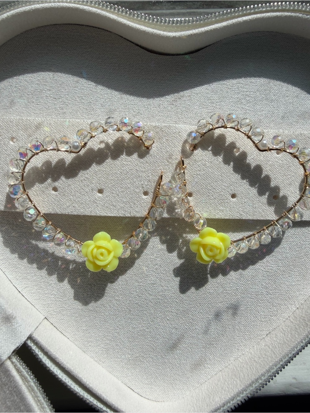 Handmade Heart Hoop Earrings - Crystal Beaded Yellow Rose - Valentine's Coquette